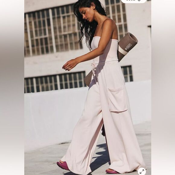 Free People Grand Slam Strapless Onesie Straight Leg Pockets Ivory XS - Picture 1 of 8